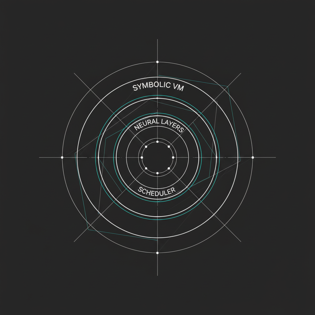 AI core schematic—symbolic and neural layers intertwined