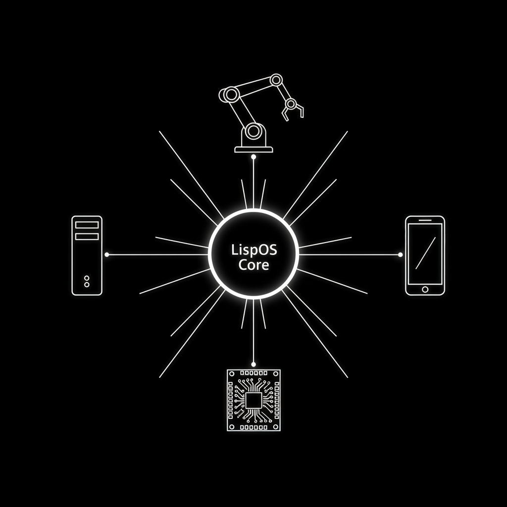 LispOS vision artwork—unified OS core connecting devices